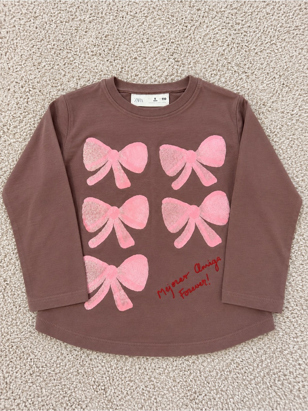 Zara Pink Bow Print Brown Long Sleeve Tee